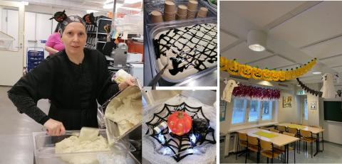 Sievin ateriapalveluiden esihenkilö Merja Helenius:  Meidän taitavat kokit taikoivat meille tämän Halloween lounaan.  Järvikylän koululla Sievissä oli myös Halloween somisteita ilona